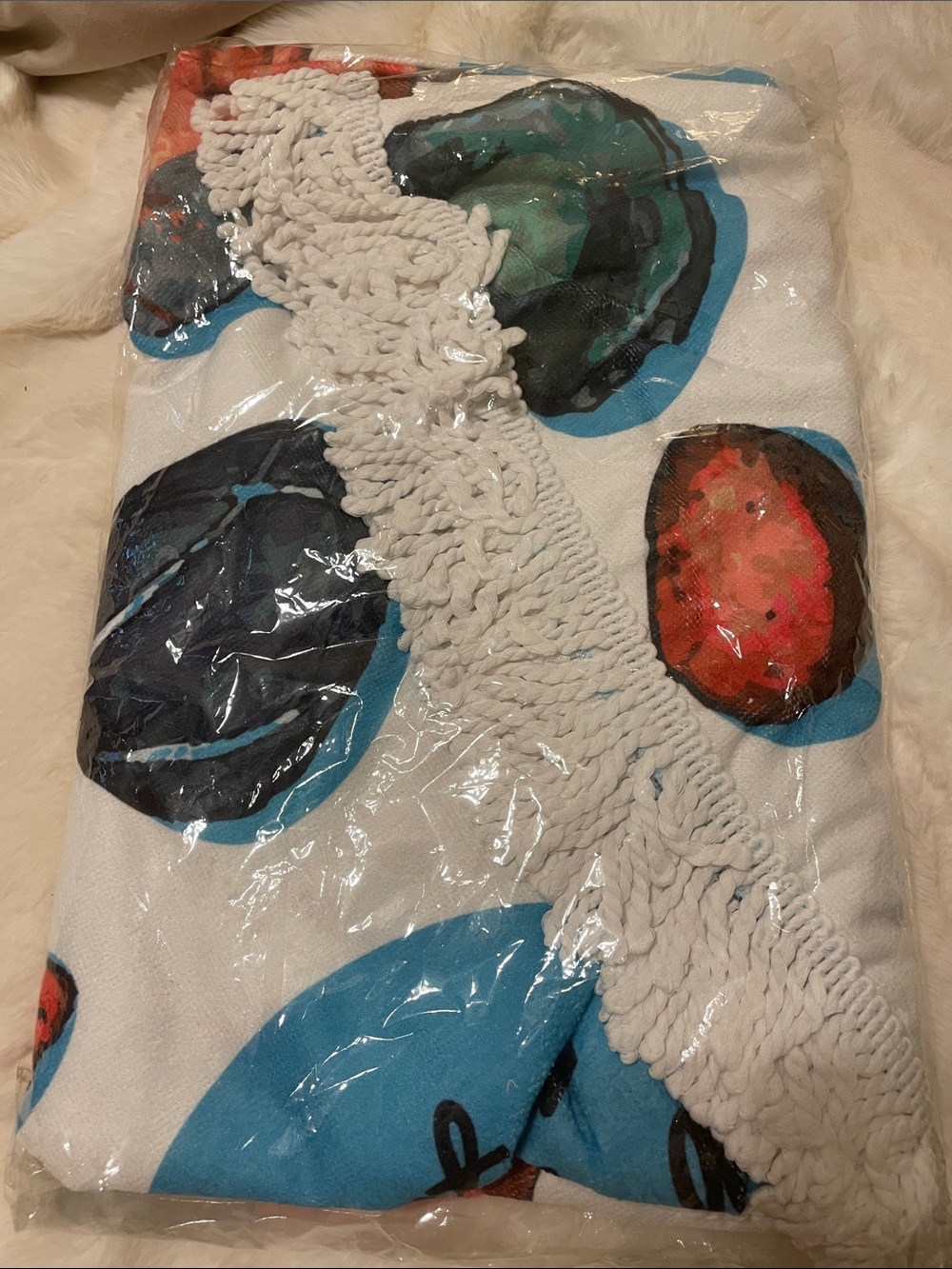 Boho Dot Fringe Throw beach towel White with Blue, Teal, Navy, and Coral Accents